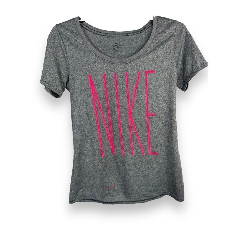 Nike Dri Fit heathered charcoal with large neon pink logo T-shirt